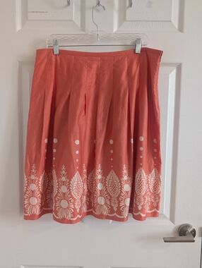 Cynthia Steffe Coral Cotton Border Print Pleated A-Line Skirt Lined Boho Chic 14